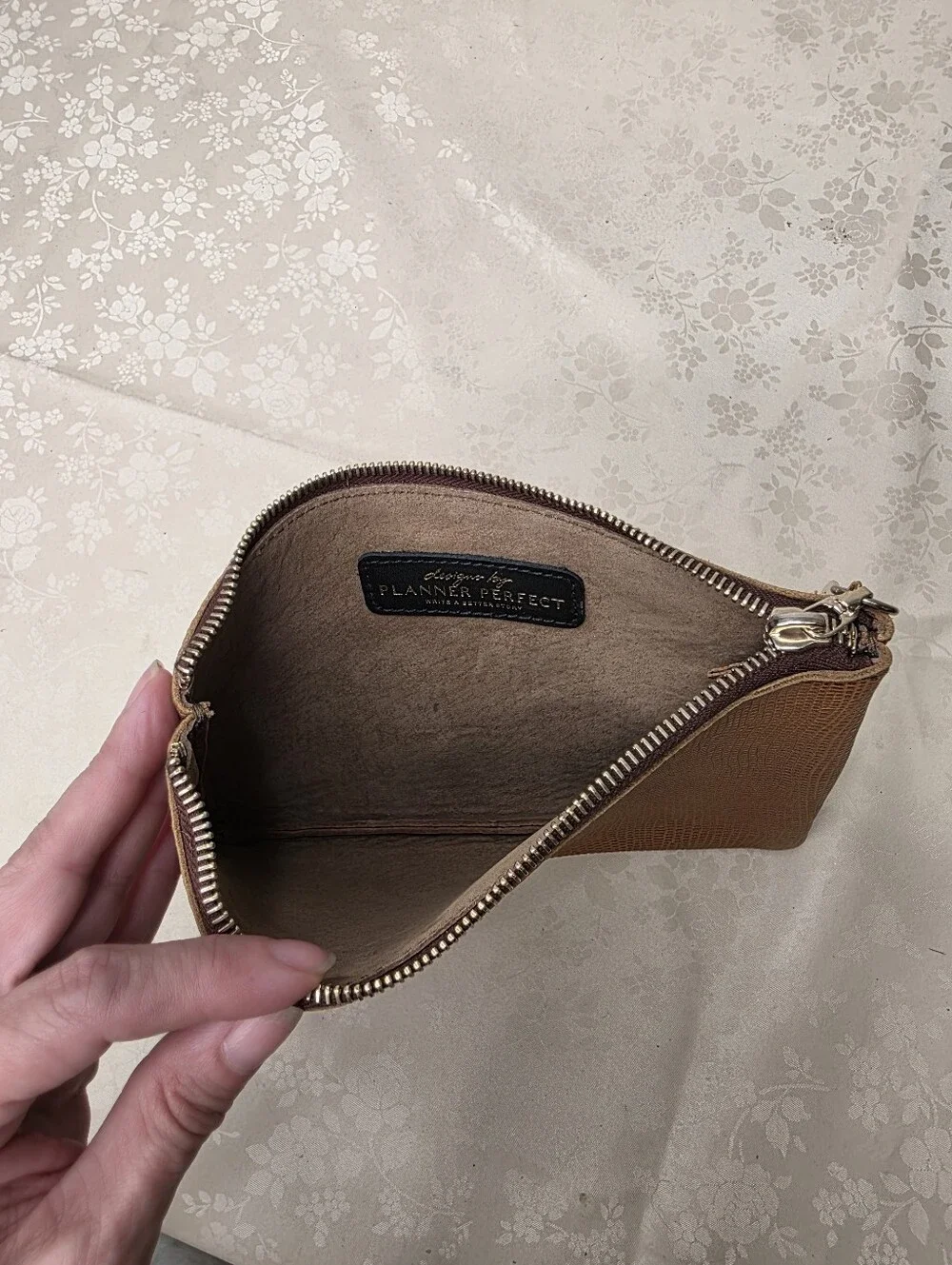 Planner Perfect Brown Lizard Embossed Leather Zippered Pouch Clutch
